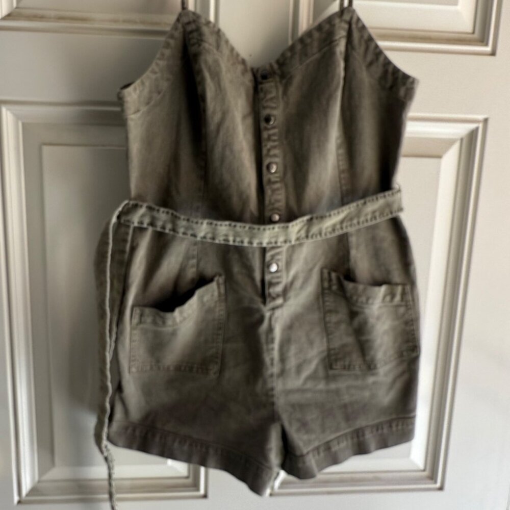 Splendid Large Sage Denim Button-Front Romper W/ Adjustable Straps & Pockets L